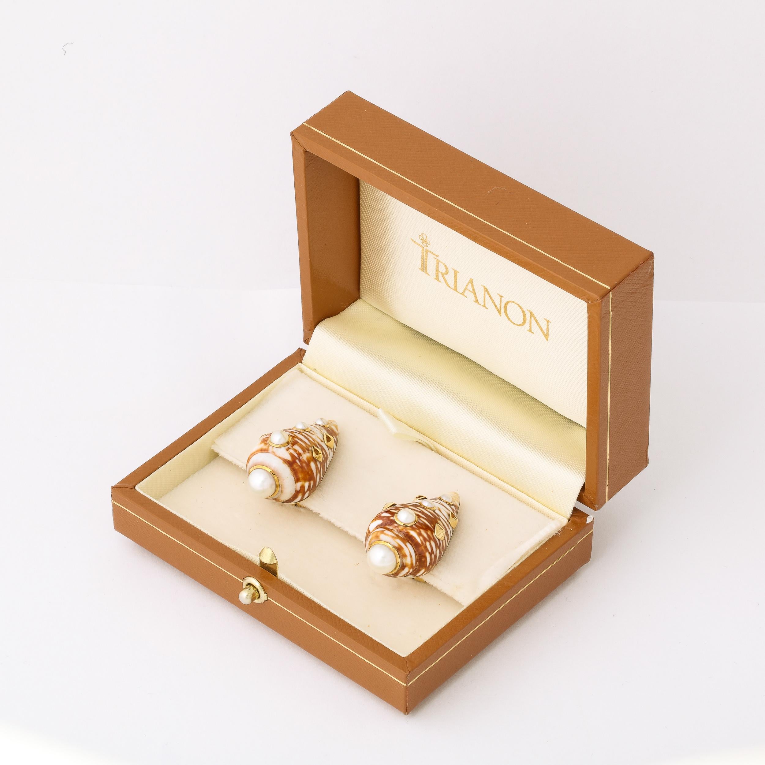 Contemporary Red & Beige Shell Earrings Set in 18k Gold With Inlaid Pearls by Trianon For Sale