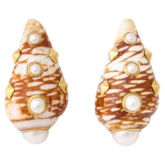 Red & Beige Shell Earrings Set in 18k Gold With Inlaid Pearls by Trianon