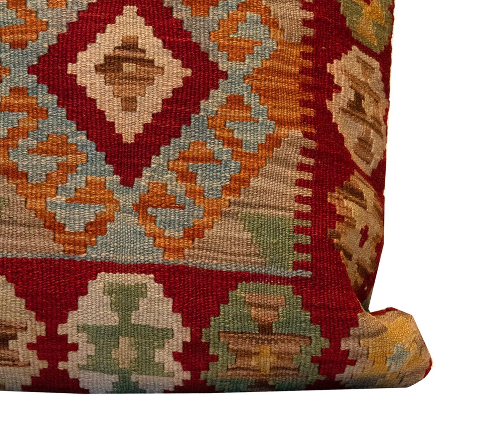 Afghan Red Beige Wool Geometric Kilim Cushion Cover Handmade Oriental Scatter Pillow