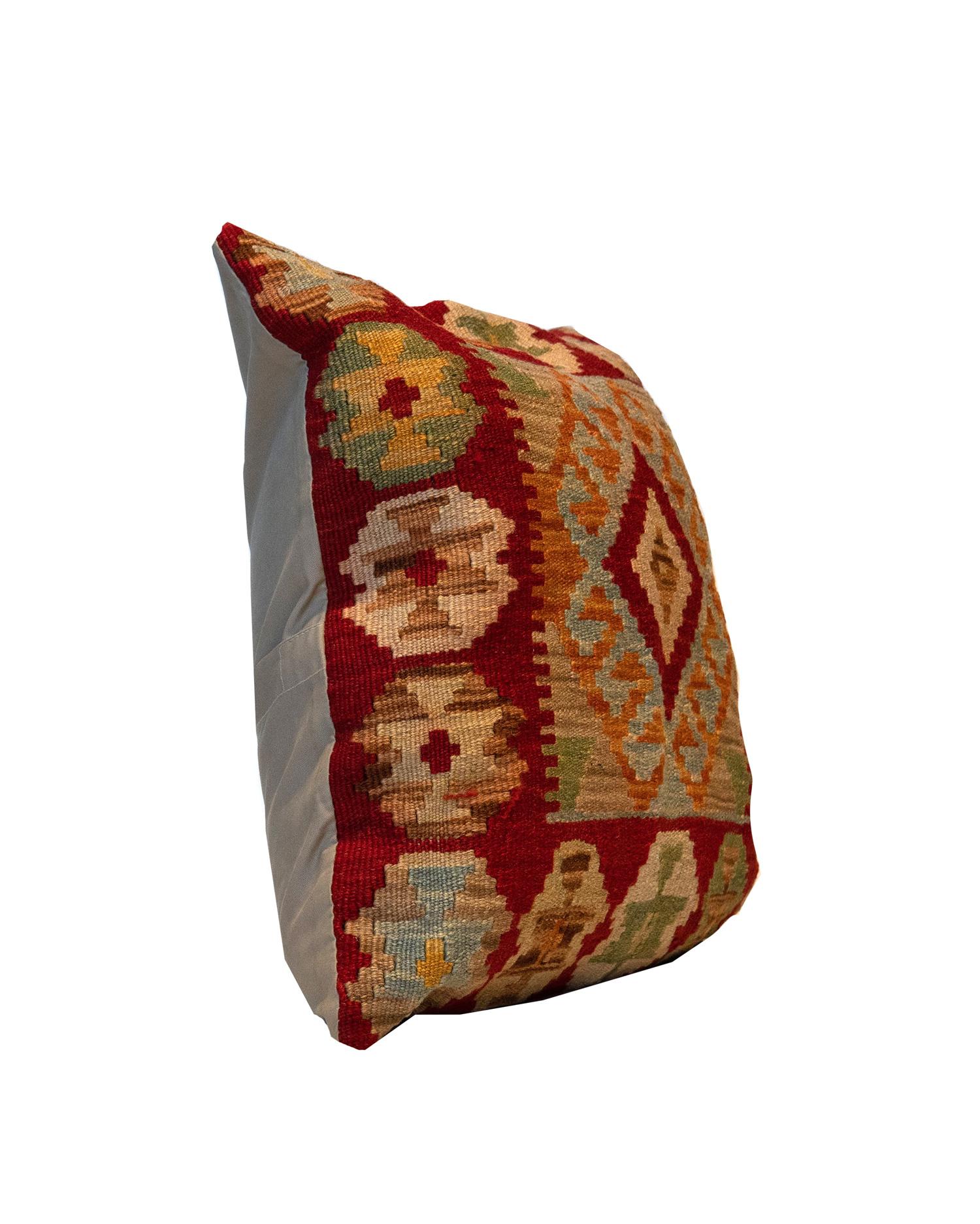 Late 20th Century Red Beige Wool Geometric Kilim Cushion Cover Handmade Oriental Scatter Pillow
