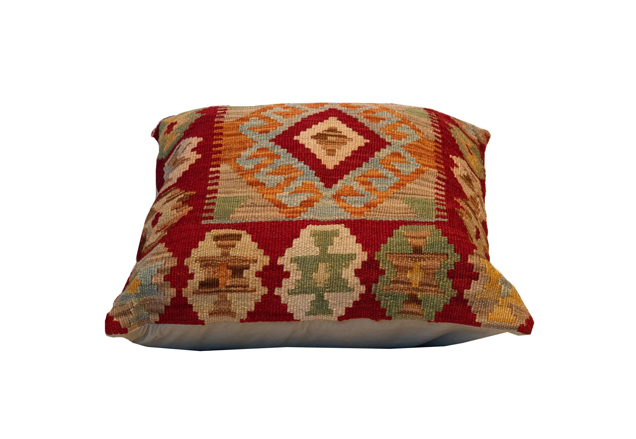 Natural Fiber Red Beige Wool Geometric Kilim Cushion Cover Handmade Oriental Scatter Pillow