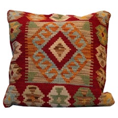 Vintage Red Beige Wool Geometric Kilim Cushion Cover Handmade Oriental Scatter Pillow