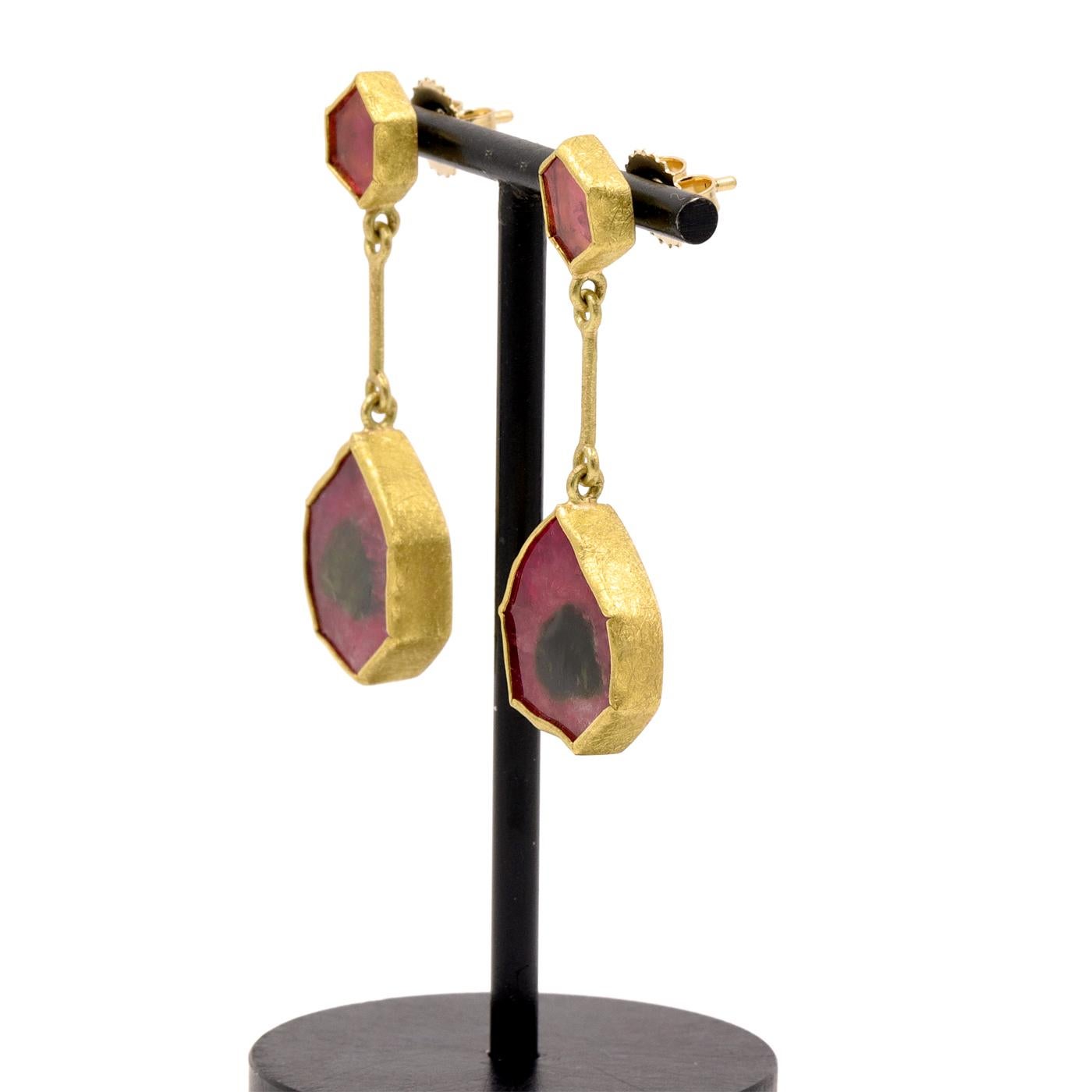 One of a Kind Segment Drop Earrings handmade signature-finished solid 22k yellow gold and 18k yellow gold by award-winning jewelry artist Petra Class showcasing a shimmering matched pair of hexagonal bi-color tourmaline dangling from the maker's