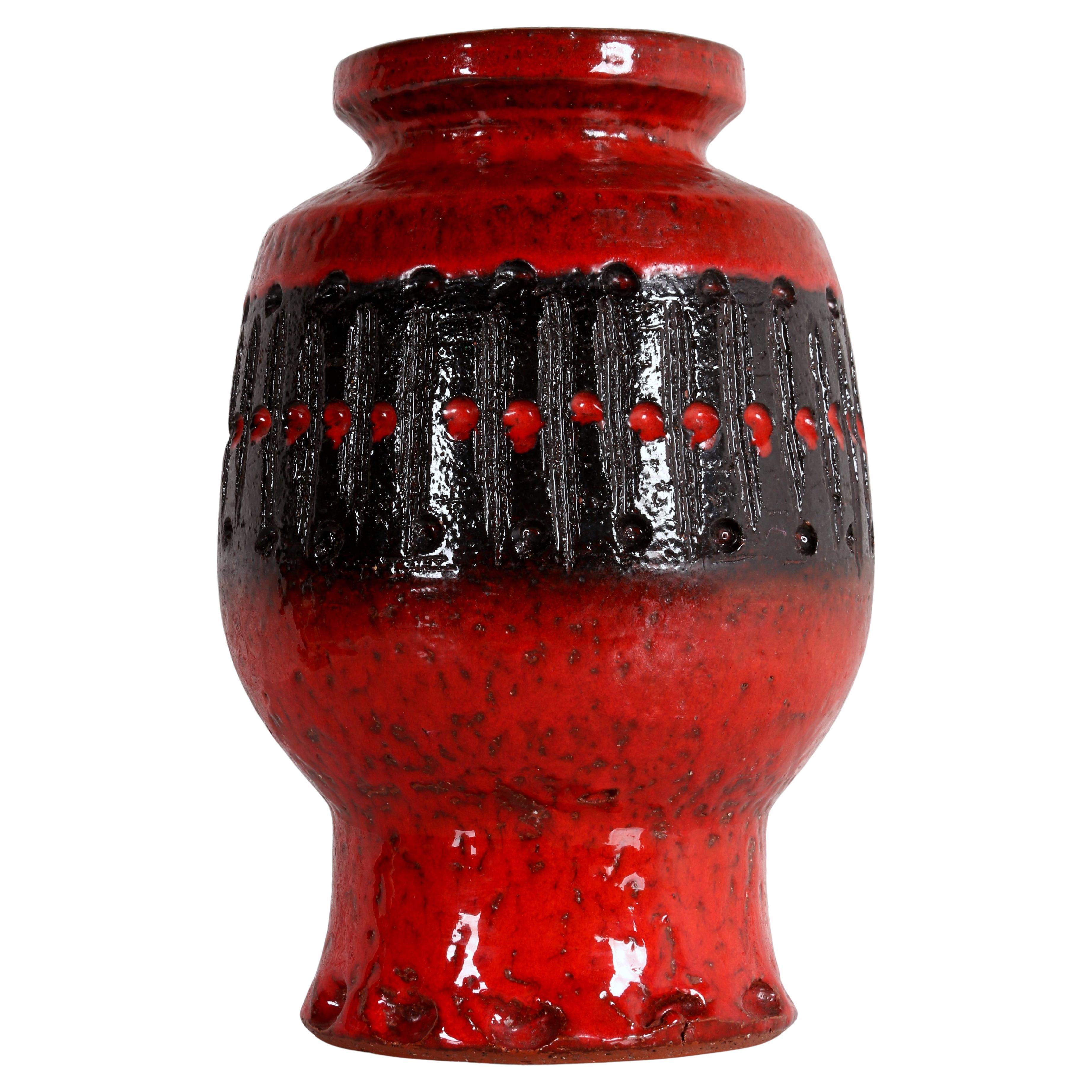 RED & BIG 1970s Danish flashy brutalist hand thrown lava glazed vase Denmark 70s
