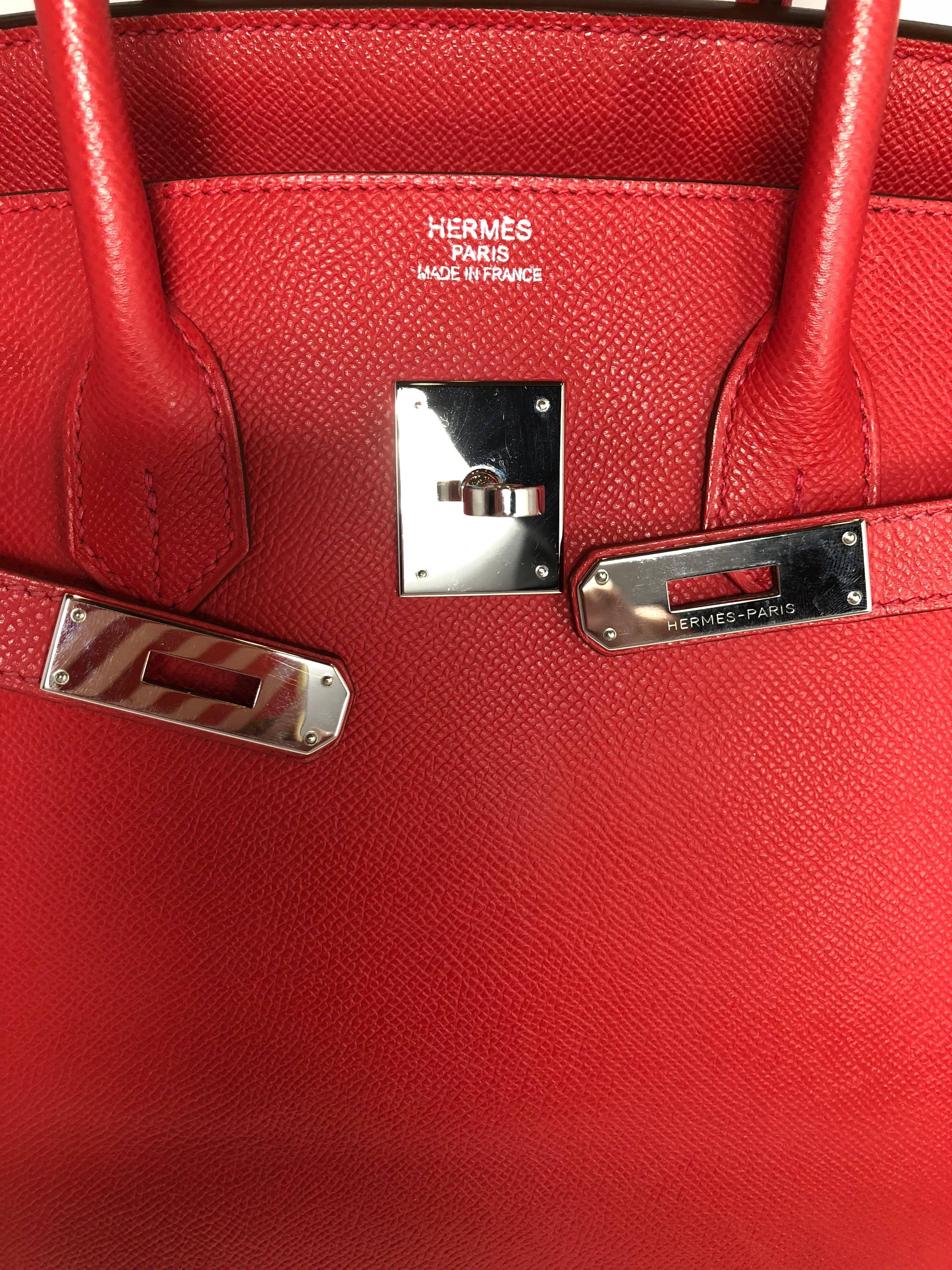 Red Hermes Birkin 35 Epsom with palladium hardware. Freshly serviced and cleaned by Hermes. Looks new from 2010. Only bag with dust cover for sale. No lock and keys included. 