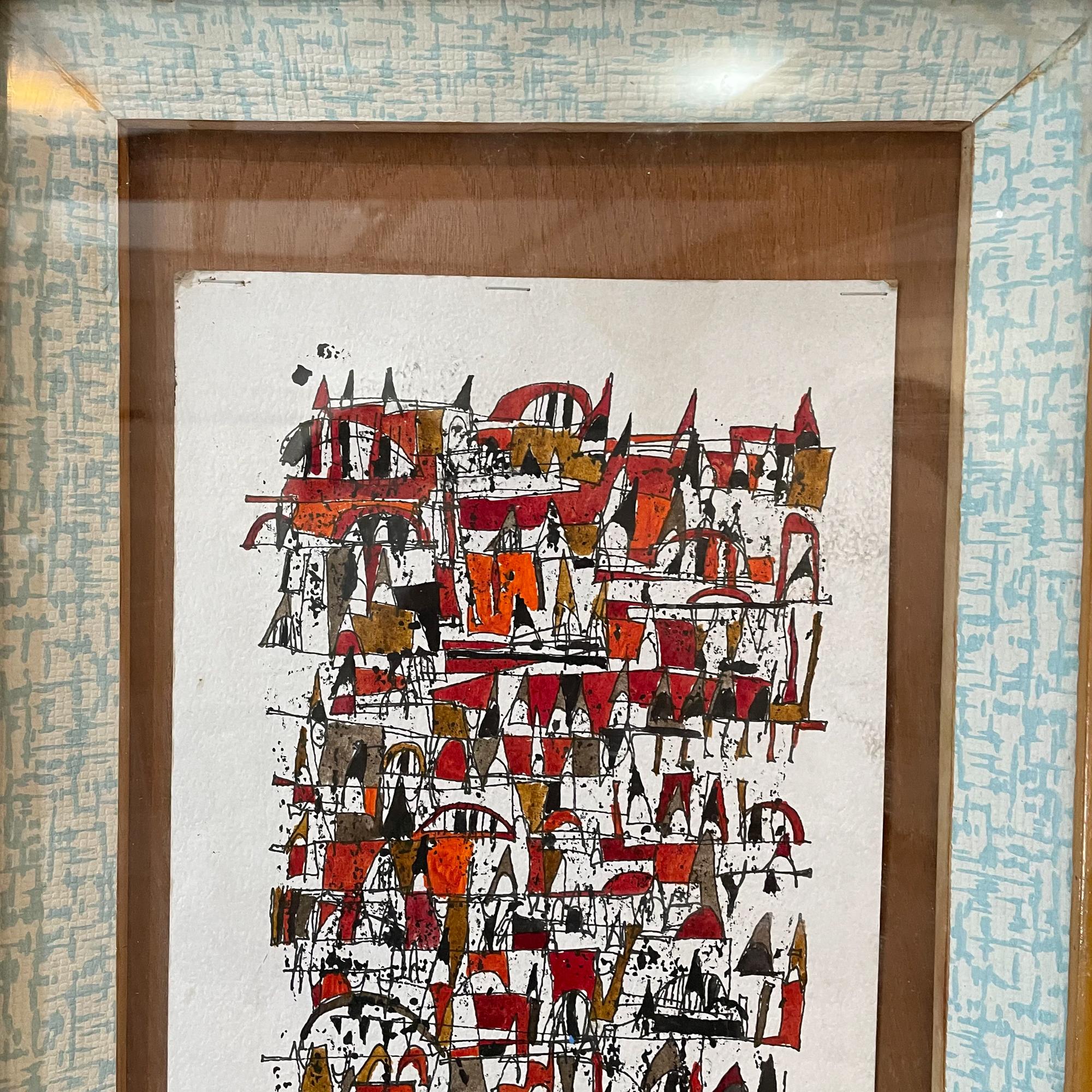 Mexican Mid-Century Modern art signed. Unable to read signature. 
Red and black beautiful ink on paper. 
Framed. 
Signed pencil lower right corner.
Uniquely designed brass hook for hanging art.
30.5 Tall x 12.5 width x 1.63 depth
Original unrestored