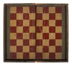 Red, Black and Ochre White Painted Folding Backgammon Game Board, ca 1870-1890