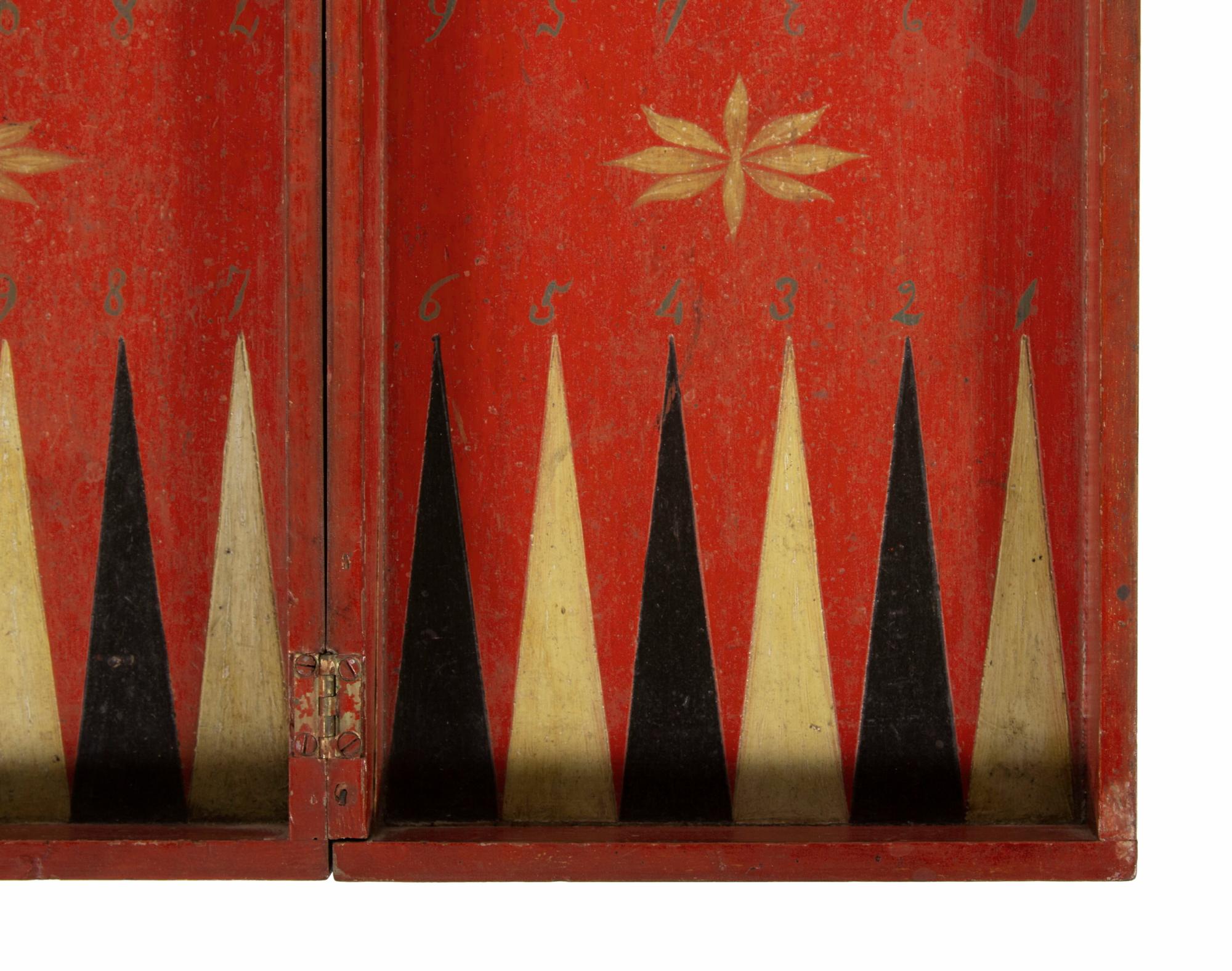 North American Red, Black and Ochre White Painted Folding Backgammon Game Board, ca 1870-1890 For Sale