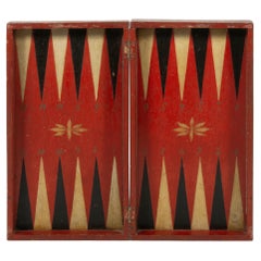 Red, Black and Ochre White Painted Folding Backgammon Game Board, ca 1870-1890