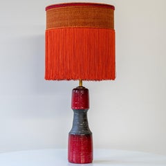 Red Black Ceramic Table Lamp, Custom Orange Lampshade by R. Houben