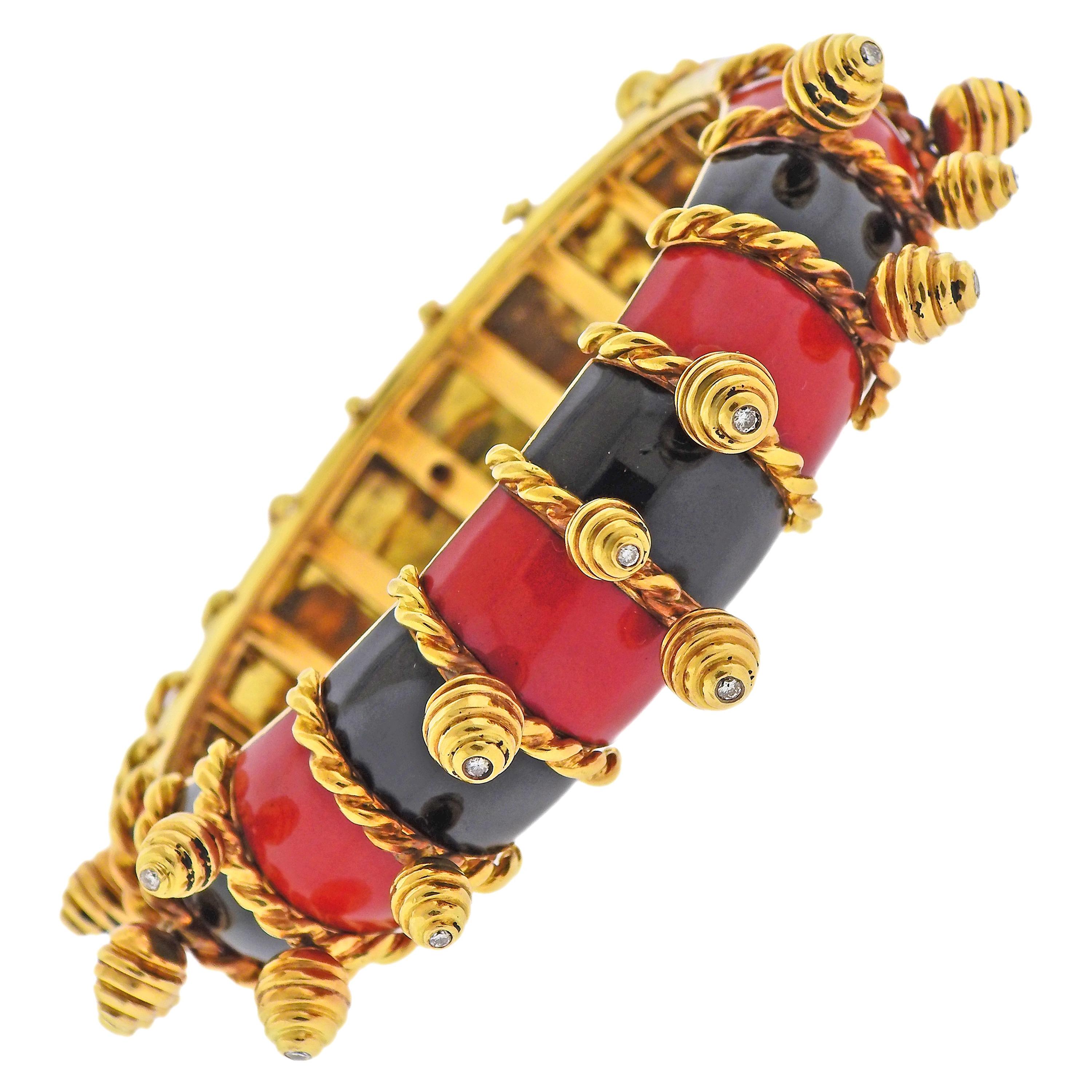 Red Black Enamel Gold Diamond Charm Bangle Bracelet For Sale