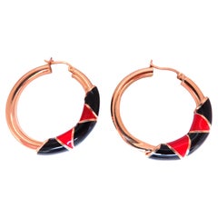 Red Black Enamel Tubular Hoop Earrings 14kt yellow gold 45477*