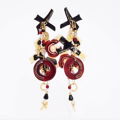 Red & Black Enamel "XO" Dangle Statement Earrings By Lunch At The Ritz, 1980s