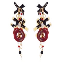 Vintage Red & Black Enamel "XO" Dangle Statement Earrings By Lunch At The Ritz, 1980s