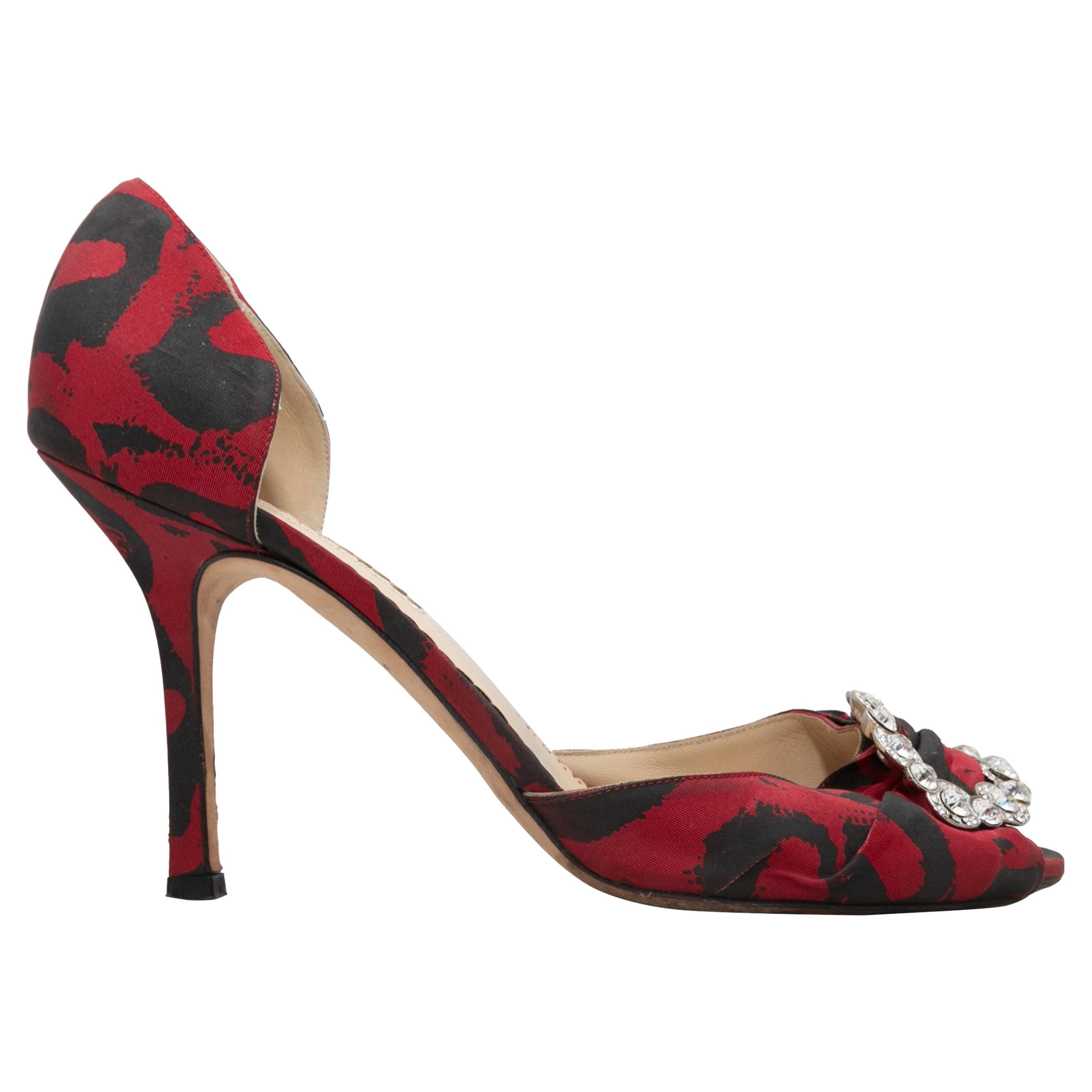 Oscar De La Renta, rosso e nero, con fibbia di cristallo, Sandali d'Orsay taglia 40