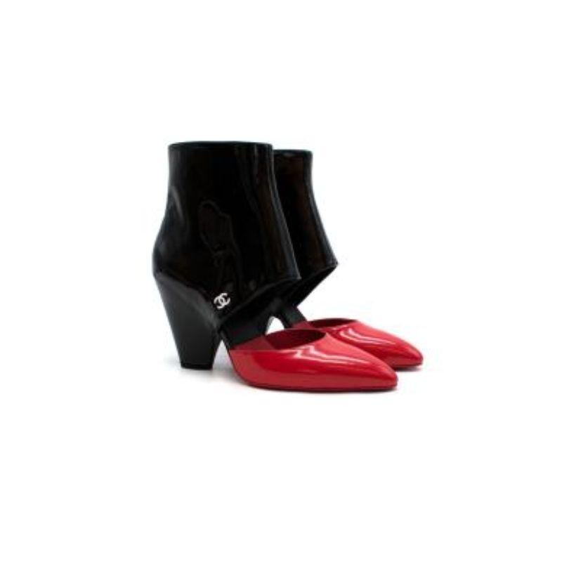 Chanel Red & Black Patent Calfskin Cut-Out Booties
 
 - SS20 Black patent calfskin ankle boots with cut out middle section
 - Red pointed toe 
 - White tone metal traditional double c logo on each boot 
 - Tonal zip fixtures on the inside of the