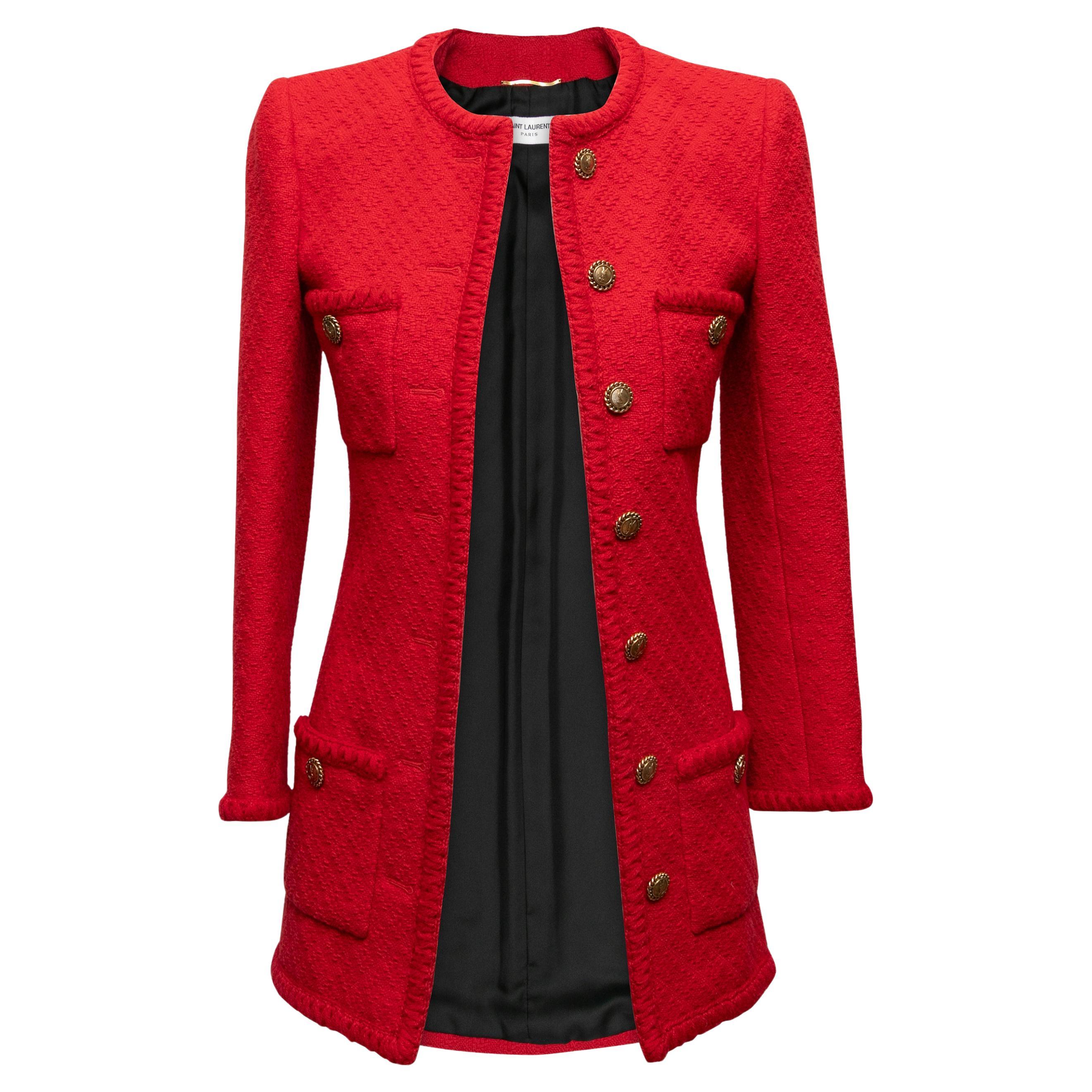 Red & Black Saint Laurent Longline Wool Tweed Jacket Size US S For Sale