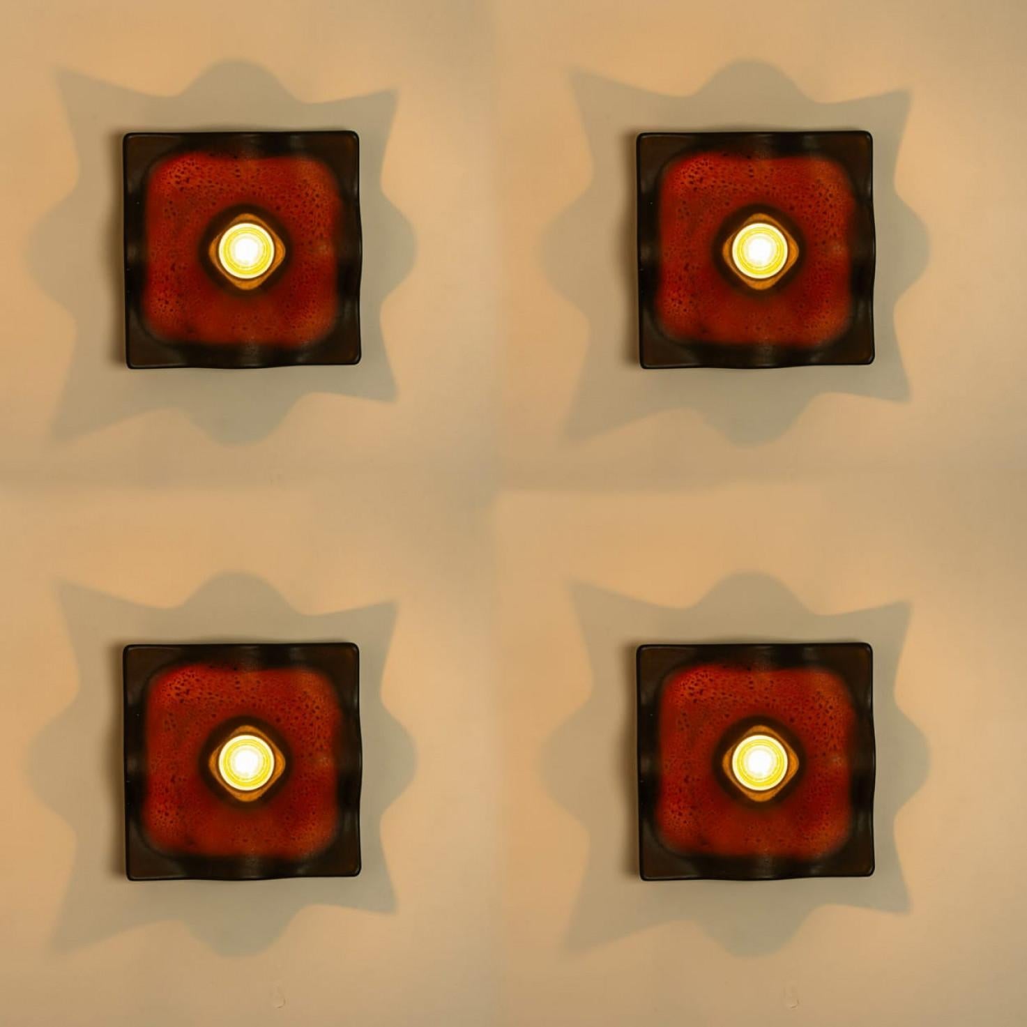 Rot-schwarze quadratische Wandleuchten aus Keramik von Hustadt Keramik, Deutschland, 1970 im Angebot 1
