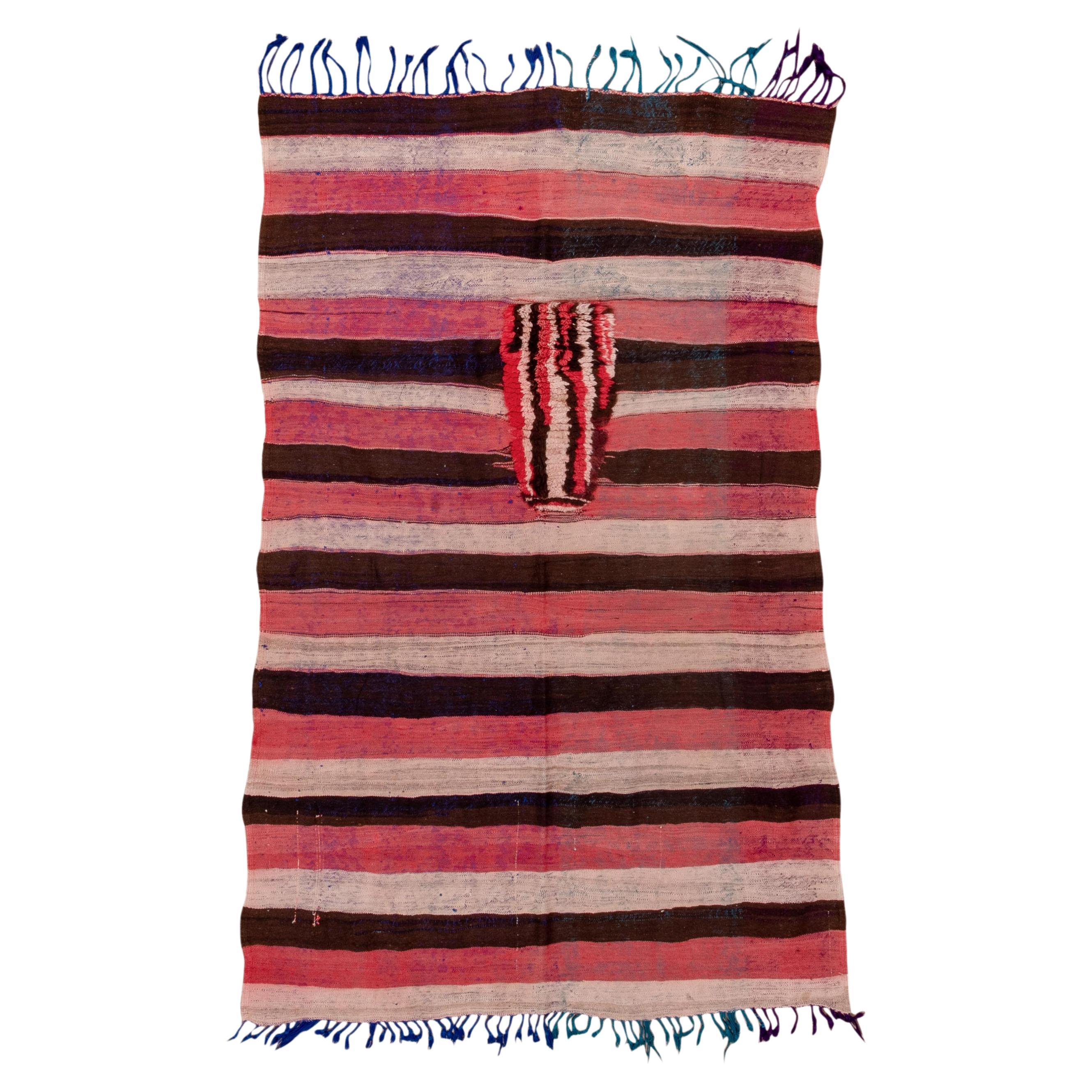 Red Black Striped Moroccan with Kilim Pile