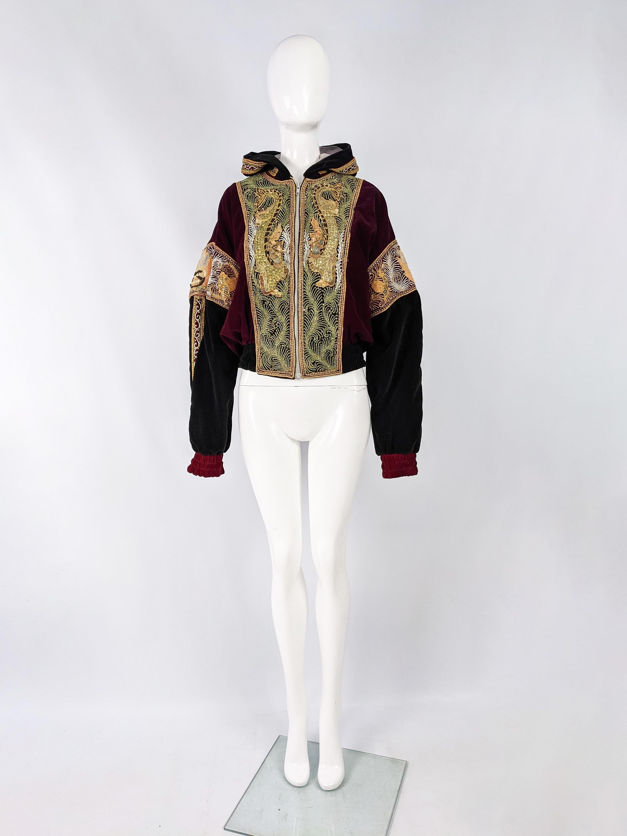 Vintage Red & Black Velvet Asian Gold Dragon Embroidered Bomber Jacket, 1980s 

Size: Unlabelled; has a very oversized fit. Would suit a womens Large-XXL or a mens Medium to XL with a very oversized fit. 
Chest - up to 54” / 137cm (check waist