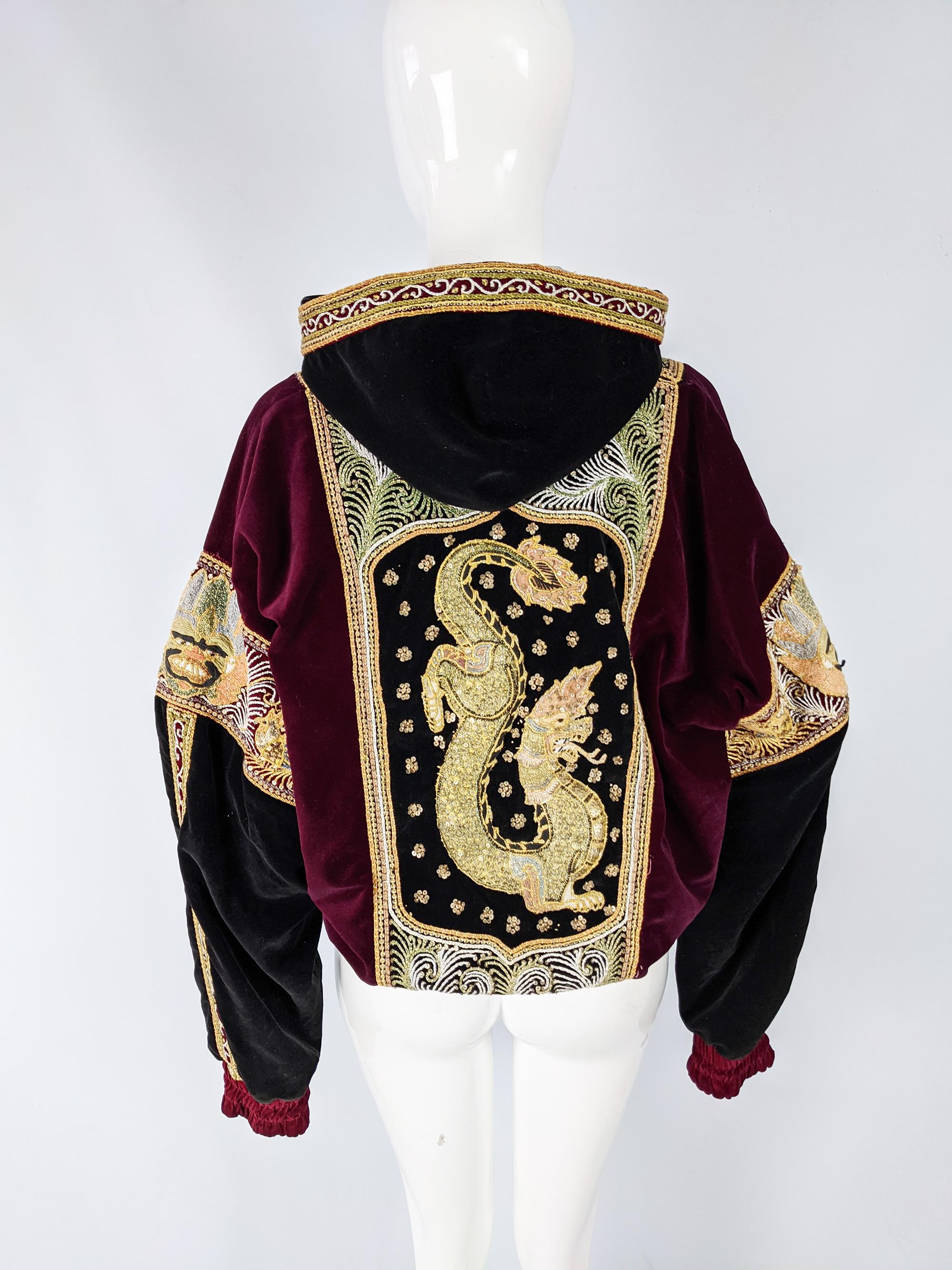 Women's or Men's Red & Black Velvet Gold Dragon Vintage Embroidered Bomber Jacket