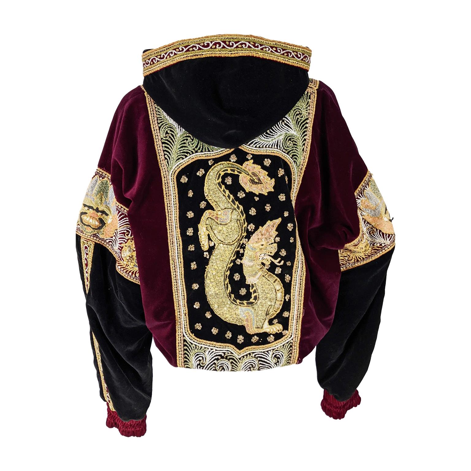Red & Black Velvet Gold Dragon Vintage Embroidered Bomber Jacket