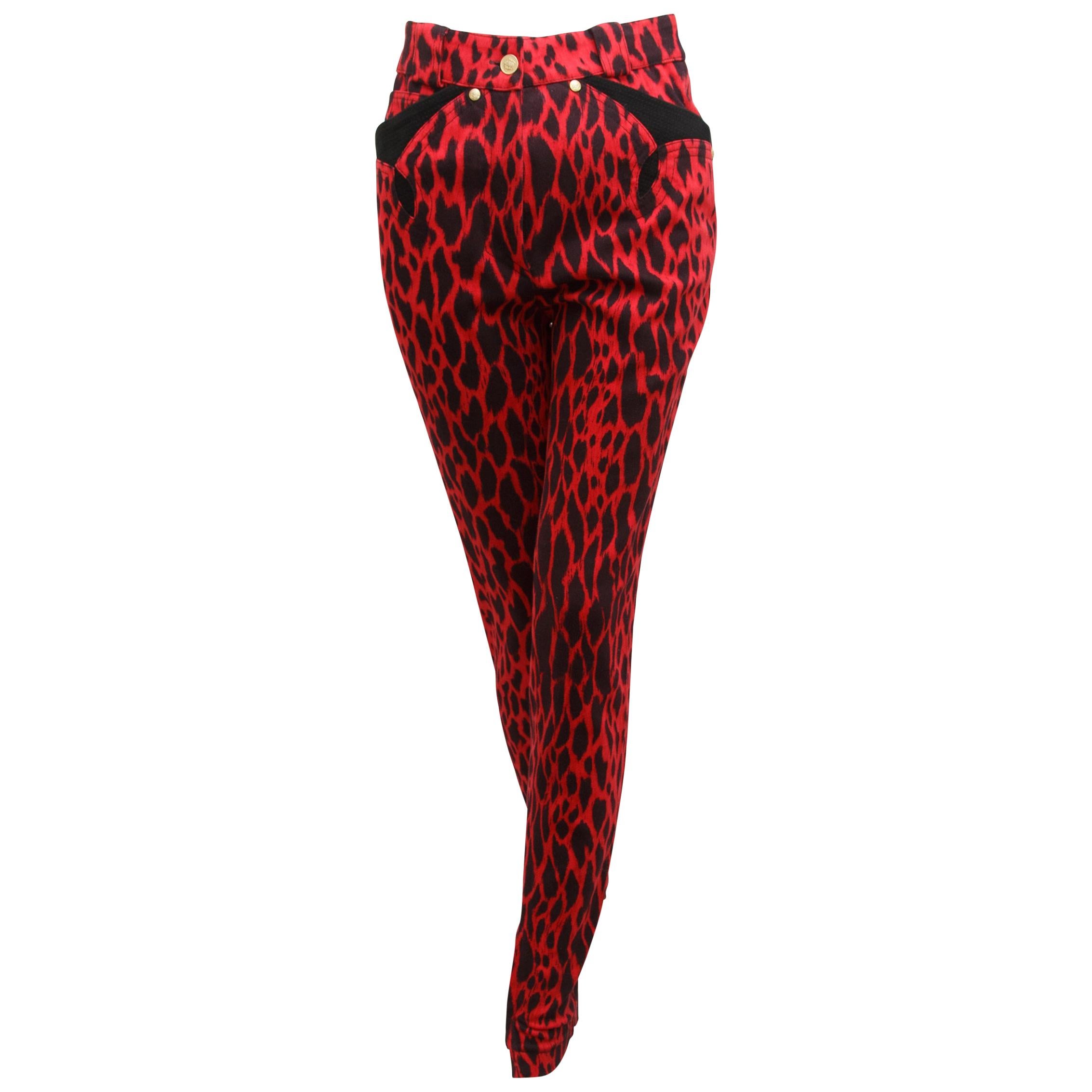 Red & Black Vintage Gianni Versace Couture Printed Jeans