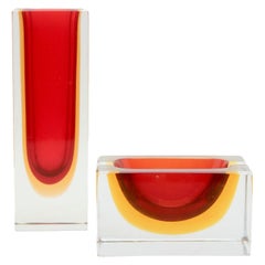 Retro Red Block Vase and Bowl, Two Murano Crystal Designs by Flavio Poli