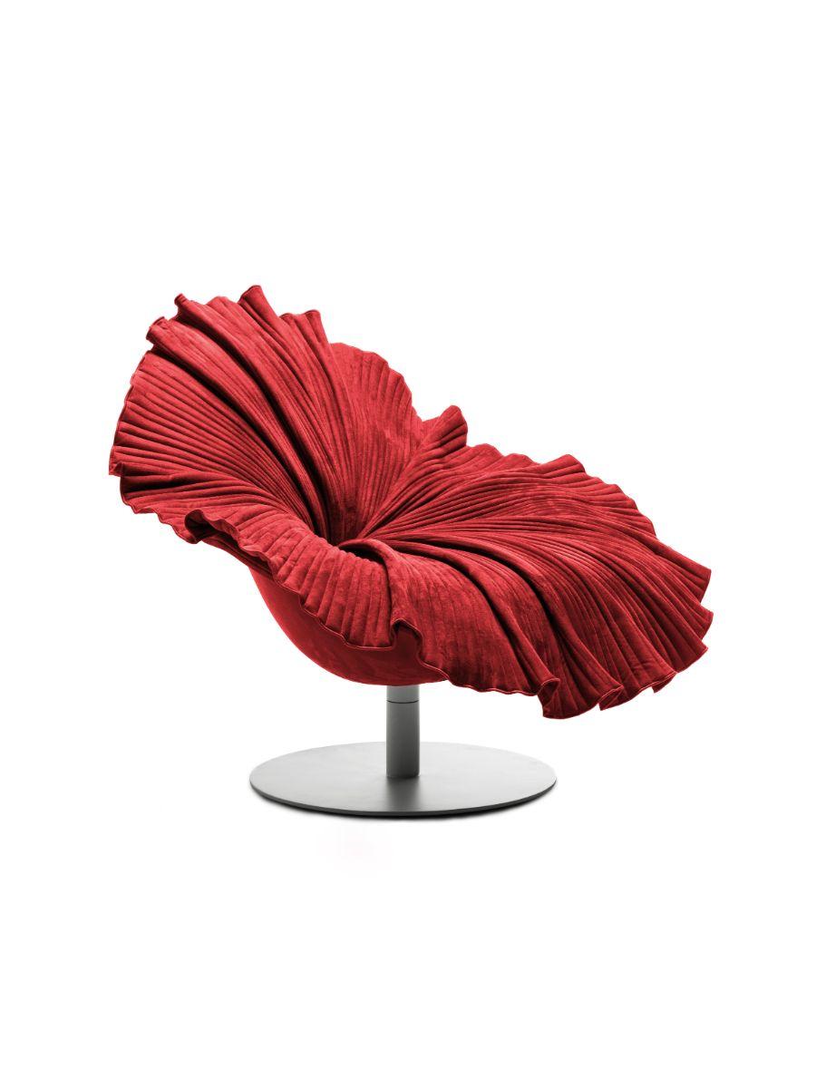 Bloom by Kenneth Cobonpue
Materials: Microfiber, fiberglass reinforced polymer, and steel.
Dimensions: 98 x 105 x H 87cm

Inspired by a delicate blossom, Bloom is composed of hundreds of fine running stitches that radiate from the center of the