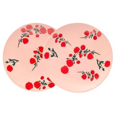 Red Blossom on Pink Stoneware Dinner Plate or Platter Pair, South Africa