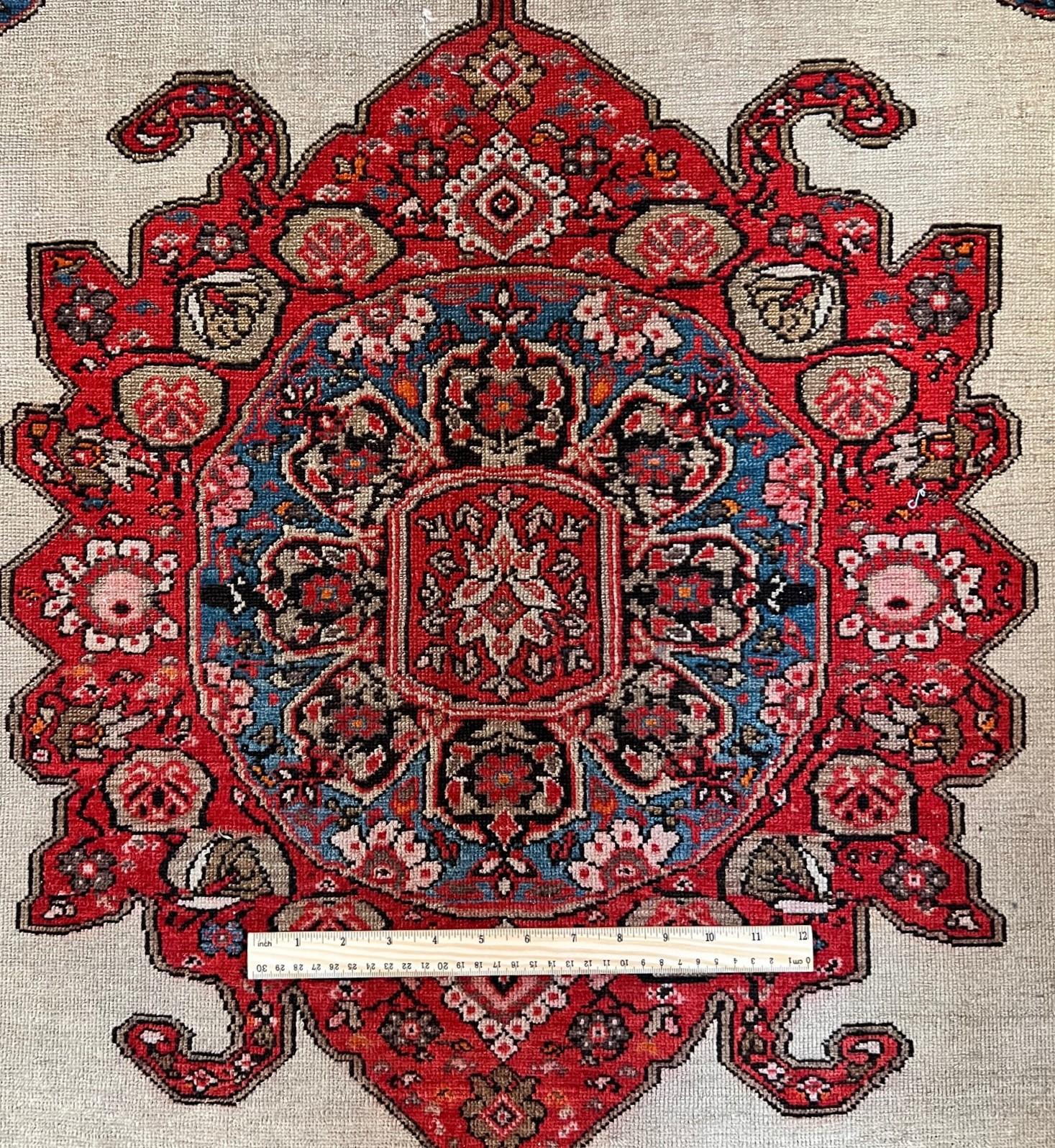 Red, Blue and Cream Vintage Persian Sarouk Wool and Silk Rug For Sale 4