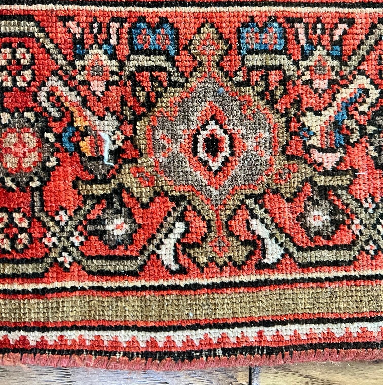 Red, Blue and Cream Vintage Persian Sarouk Wool and Silk Rug For Sale 6