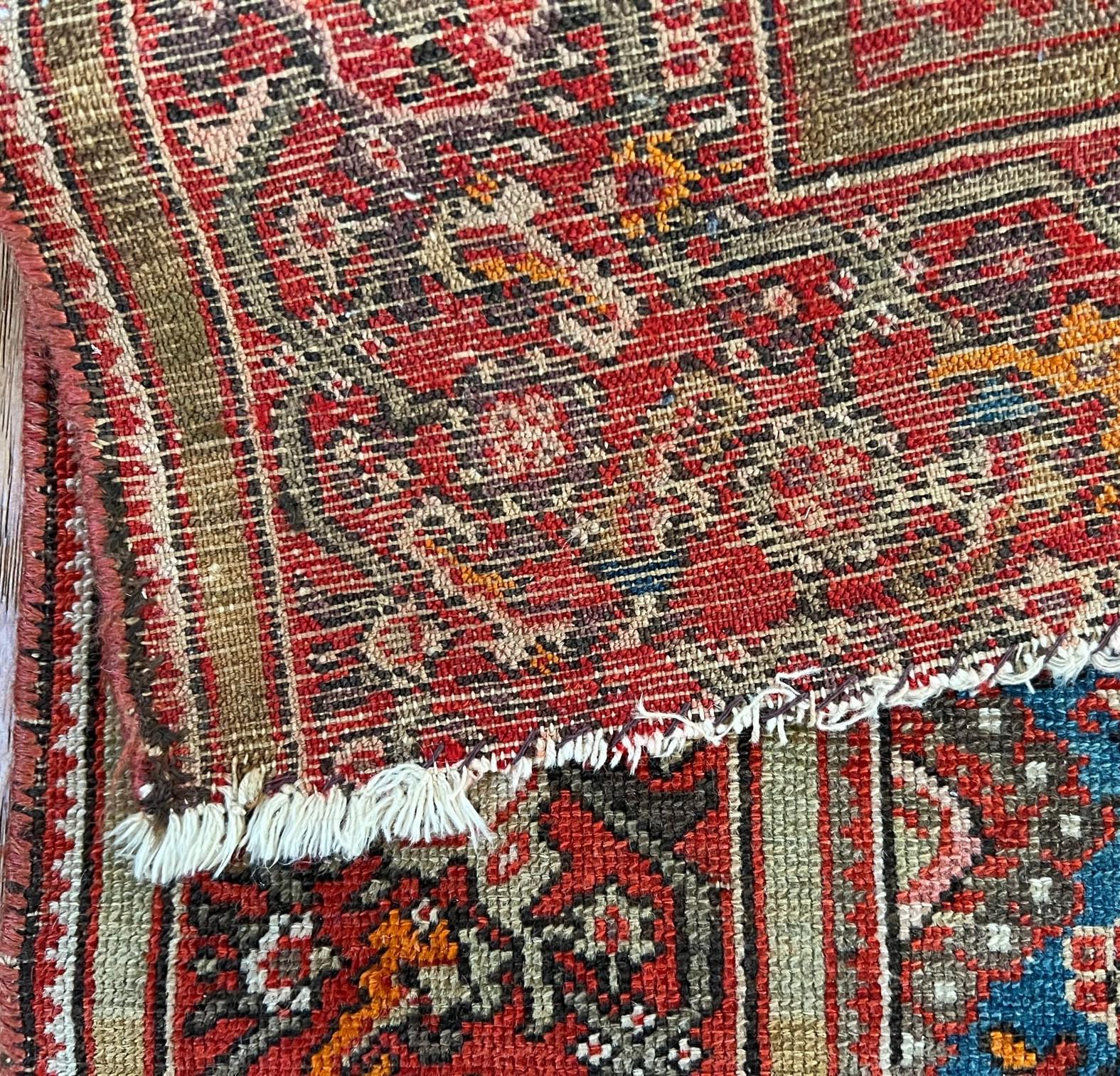 Red, Blue and Cream Vintage Persian Sarouk Wool and Silk Rug For Sale 10