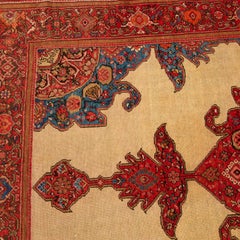 Red, Blue and Cream Vintage Persian Sarouk Wool and Silk Rug