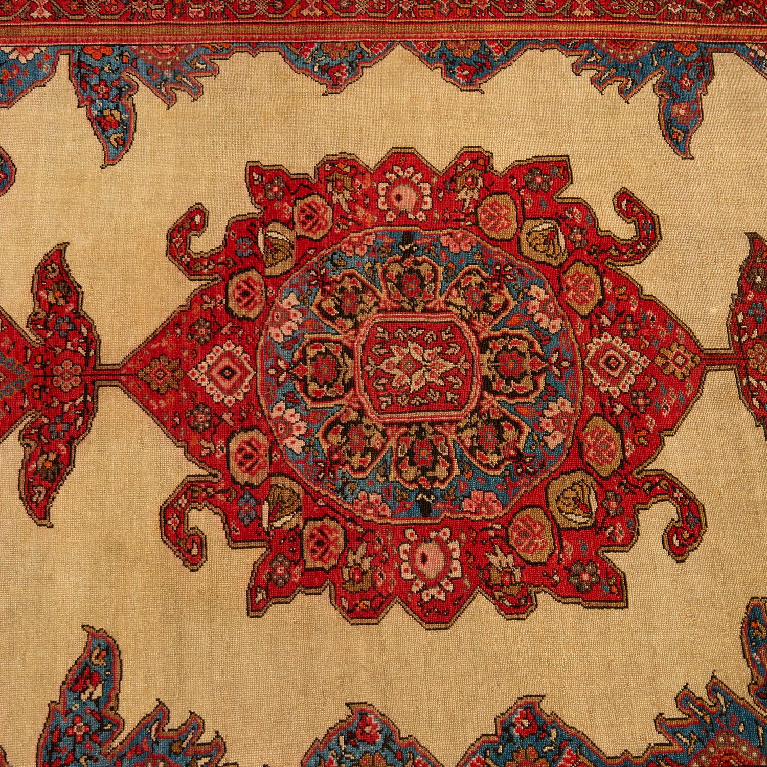 Sarouk Farahan Red, Blue and Cream Vintage Persian Sarouk Wool and Silk Rug For Sale