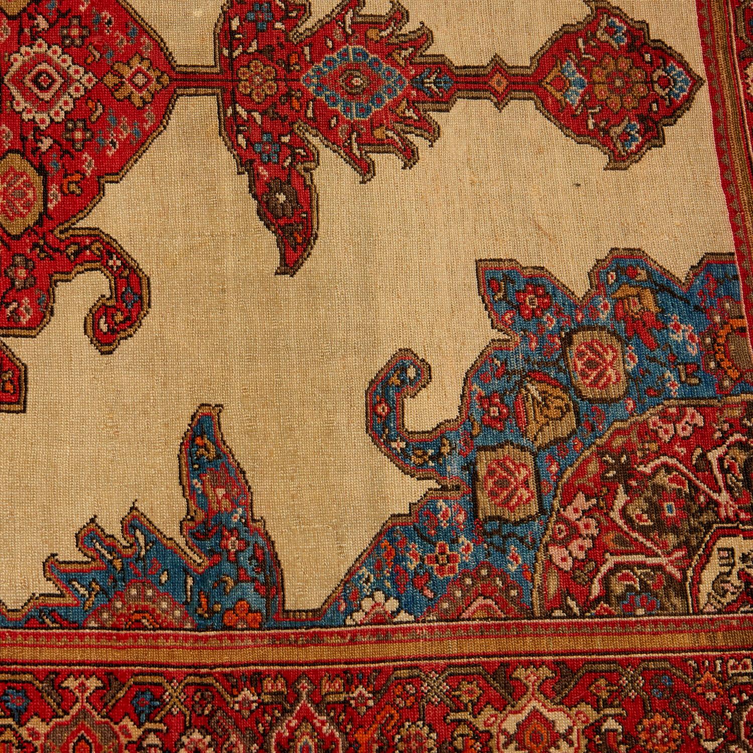 Hand-Knotted Red, Blue and Cream Vintage Persian Sarouk Wool and Silk Rug For Sale