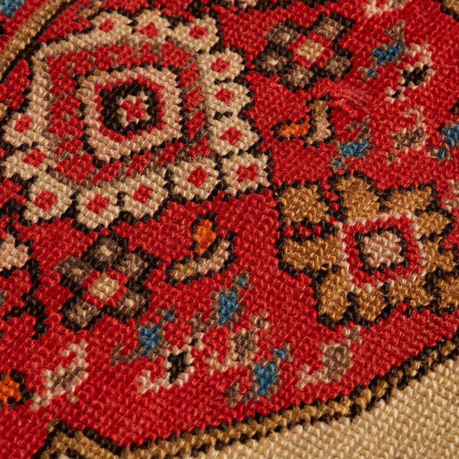Red, Blue and Cream Vintage Persian Sarouk Wool and Silk Rug In Fair Condition For Sale In Morristown, NJ