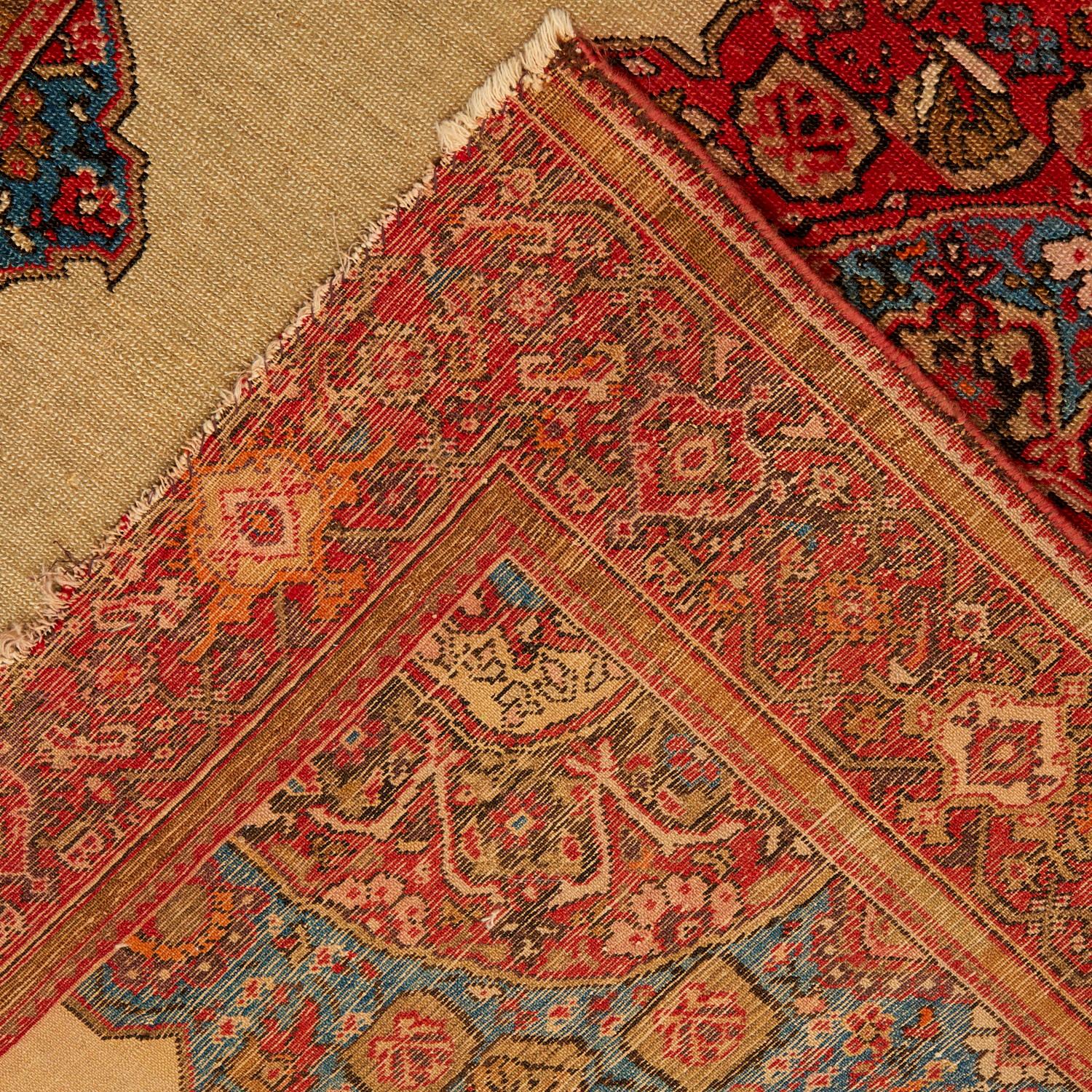Red, Blue and Cream Vintage Persian Sarouk Wool and Silk Rug For Sale 1