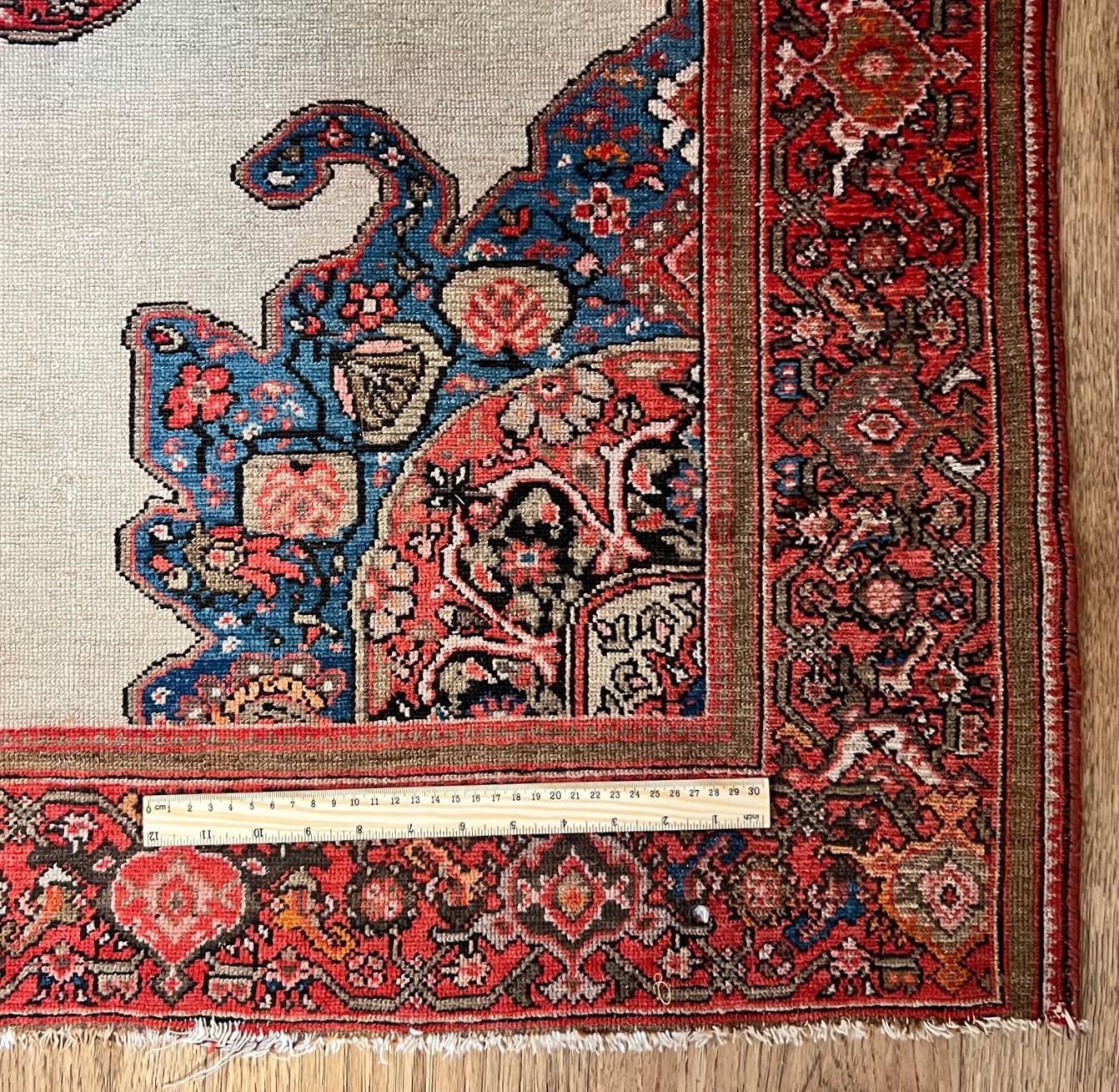 Red, Blue and Cream Vintage Persian Sarouk Wool and Silk Rug For Sale 3