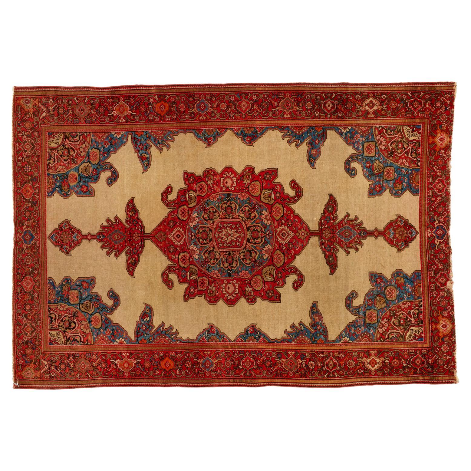 Red, Blue and Cream Vintage Persian Sarouk Wool and Silk Rug