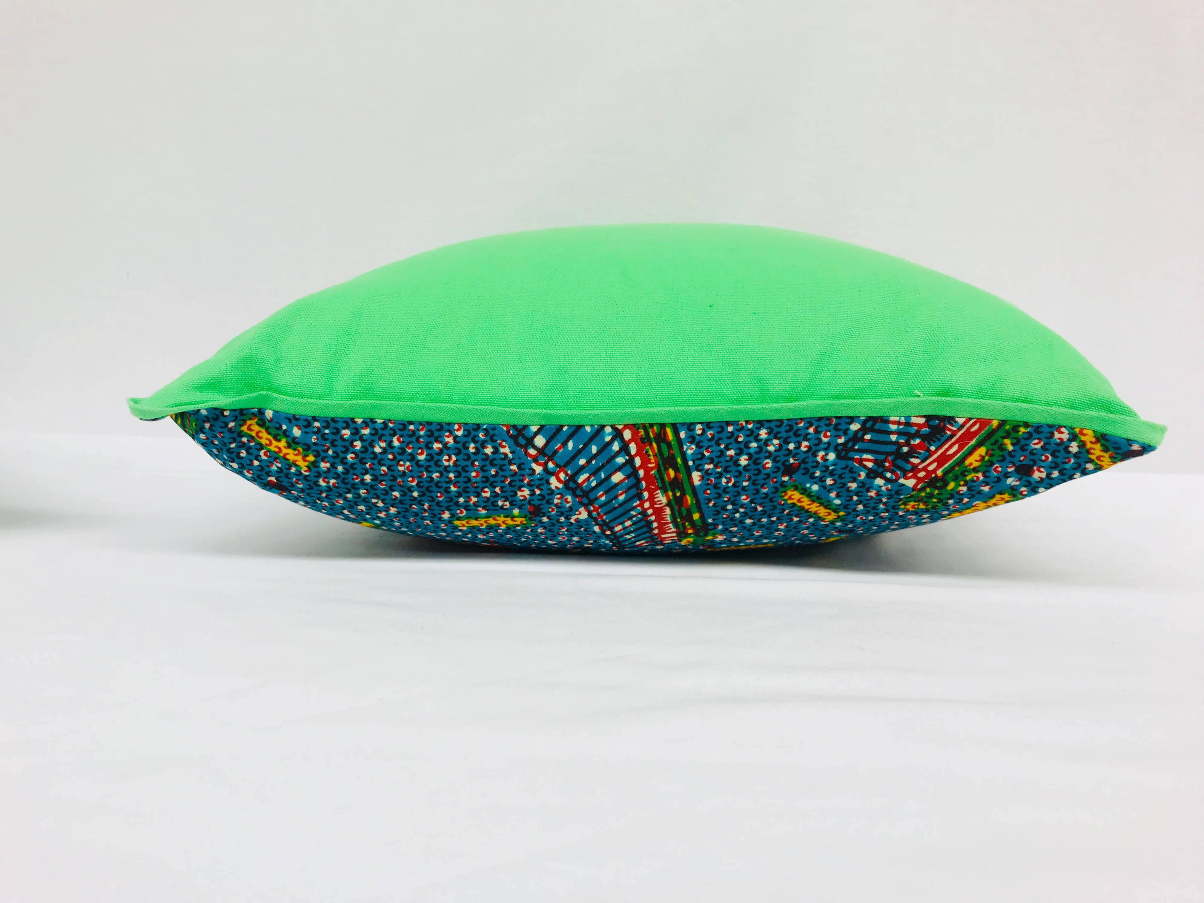 Folk Art Red/Blue and Green Backed African Wax Print Pillow For Sale