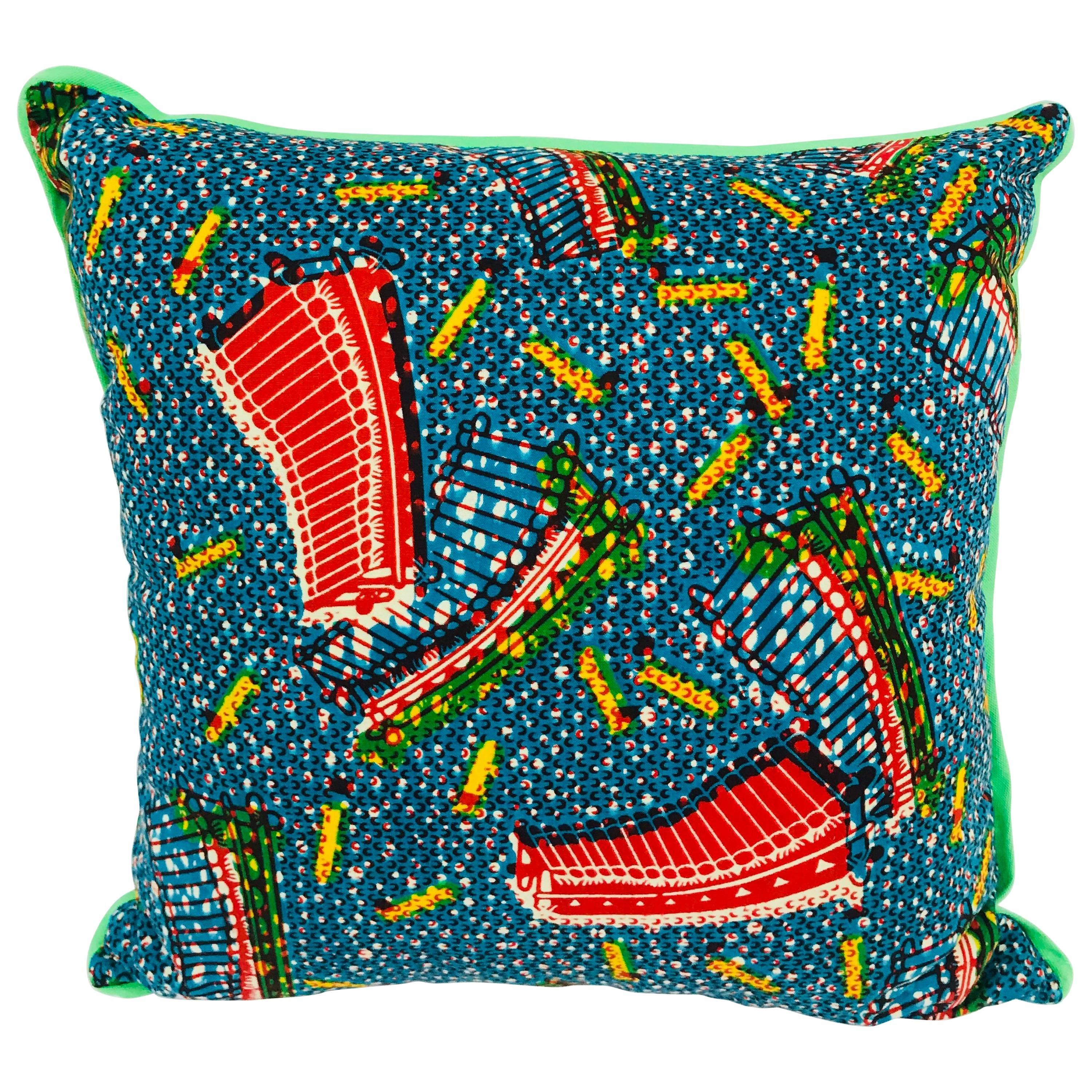 Red/Blue and Green Backed African Wax Print Pillow For Sale