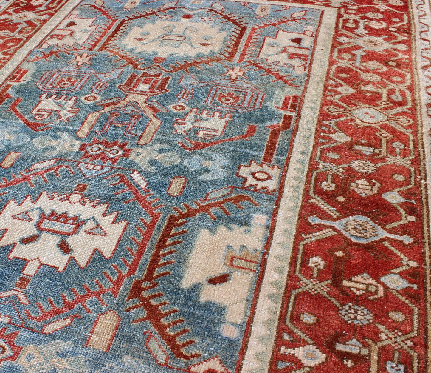 Red, Blue, and Ivory Antique Persian Malayer Rug with Blossom Design For Sale 4