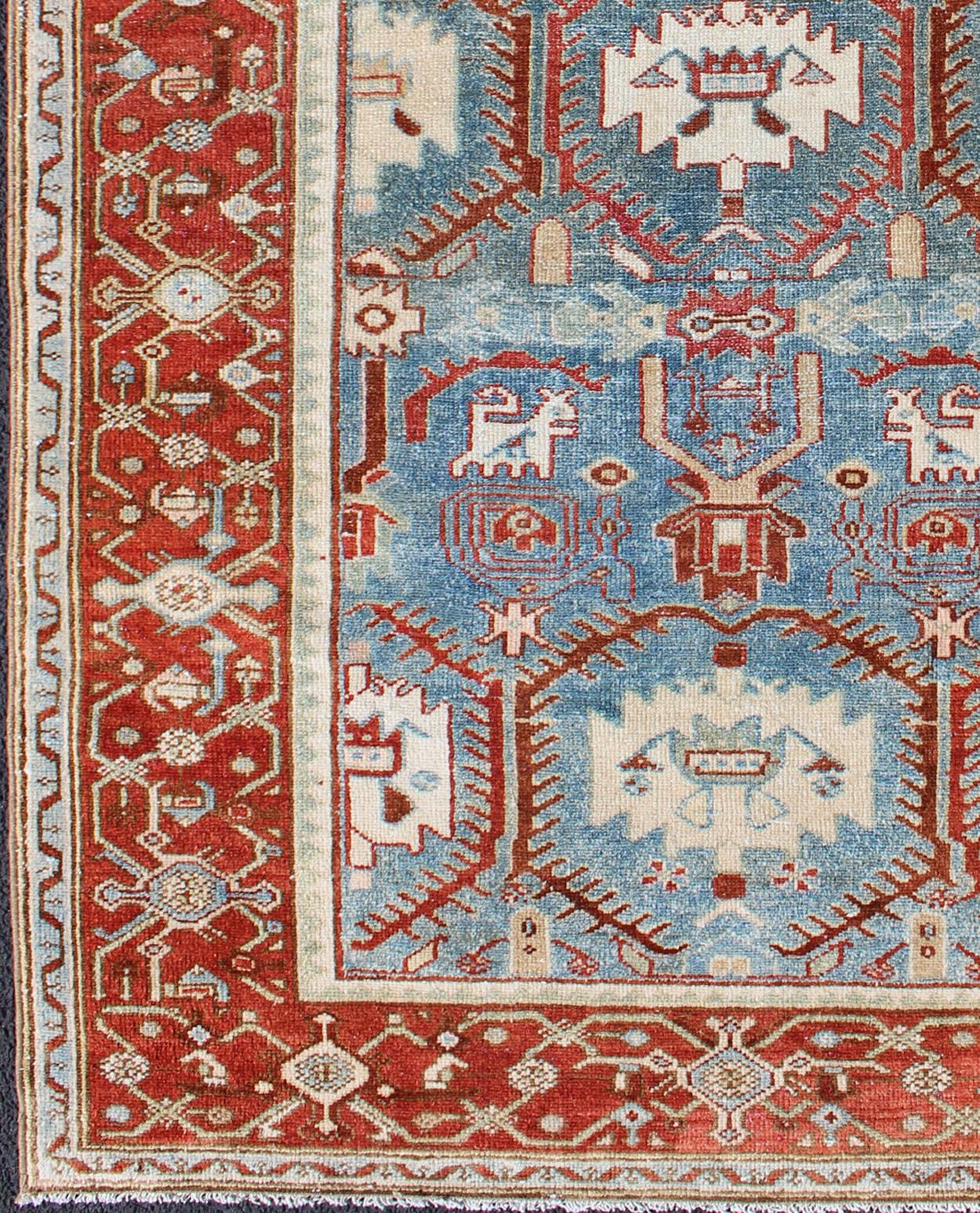 Blossom design Persian Malayer antique rug in red, blue, and ivory tones, rug en-176571, country of origin / type: Iran / Malayer, circa 1920.

This beautiful antique early 20th century Persian Malayer carpet features an all-over design of