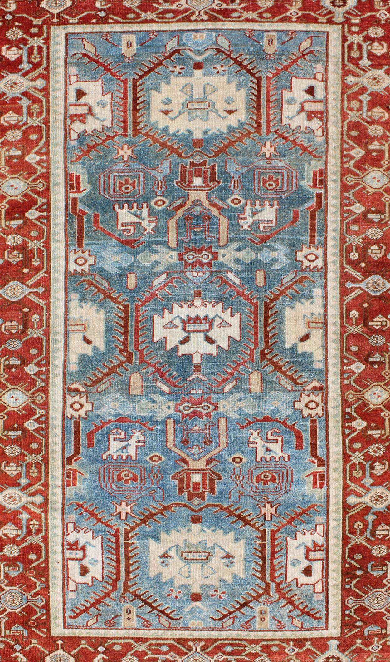 Hand-Knotted Red, Blue, and Ivory Antique Persian Malayer Rug with Blossom Design For Sale