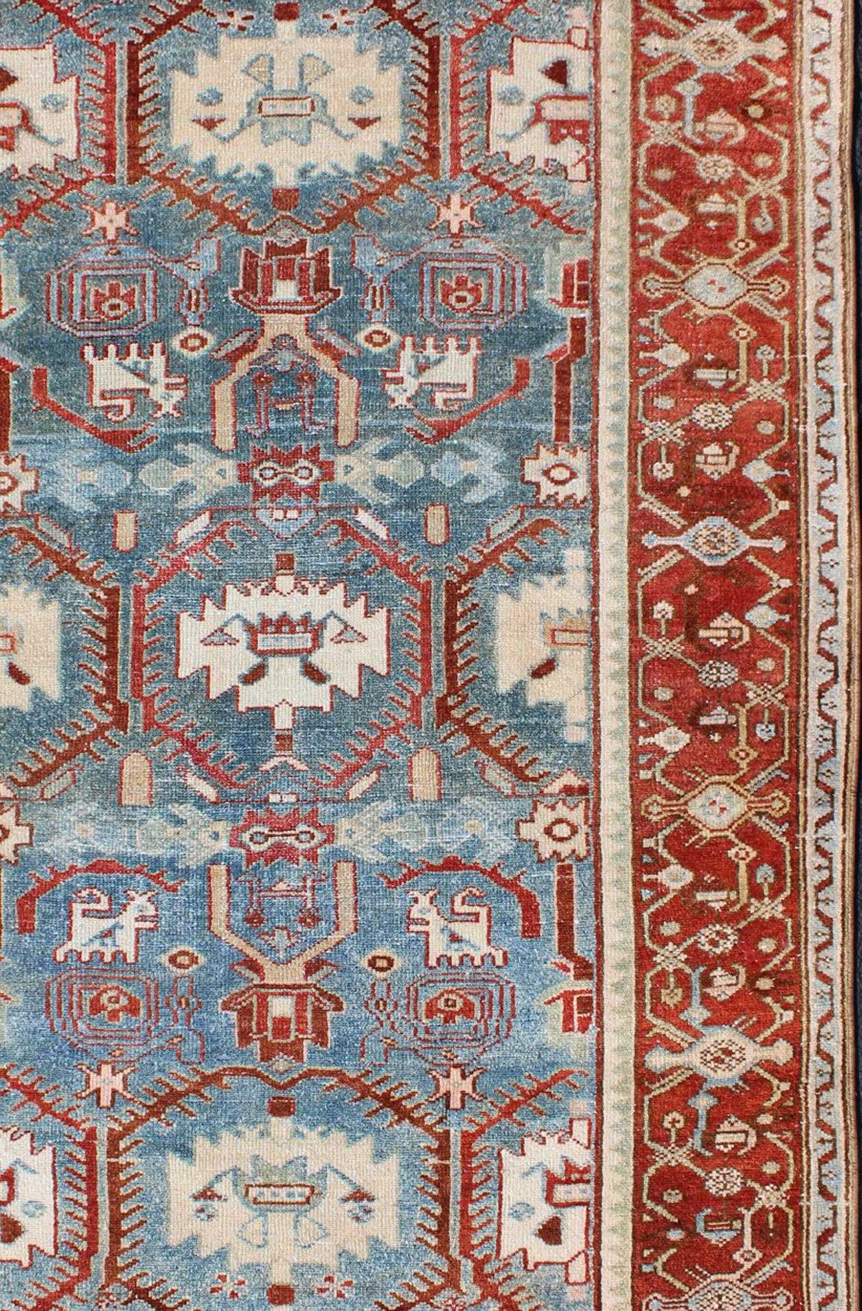 Red, Blue, and Ivory Antique Persian Malayer Rug with Blossom Design In Excellent Condition For Sale In Atlanta, GA