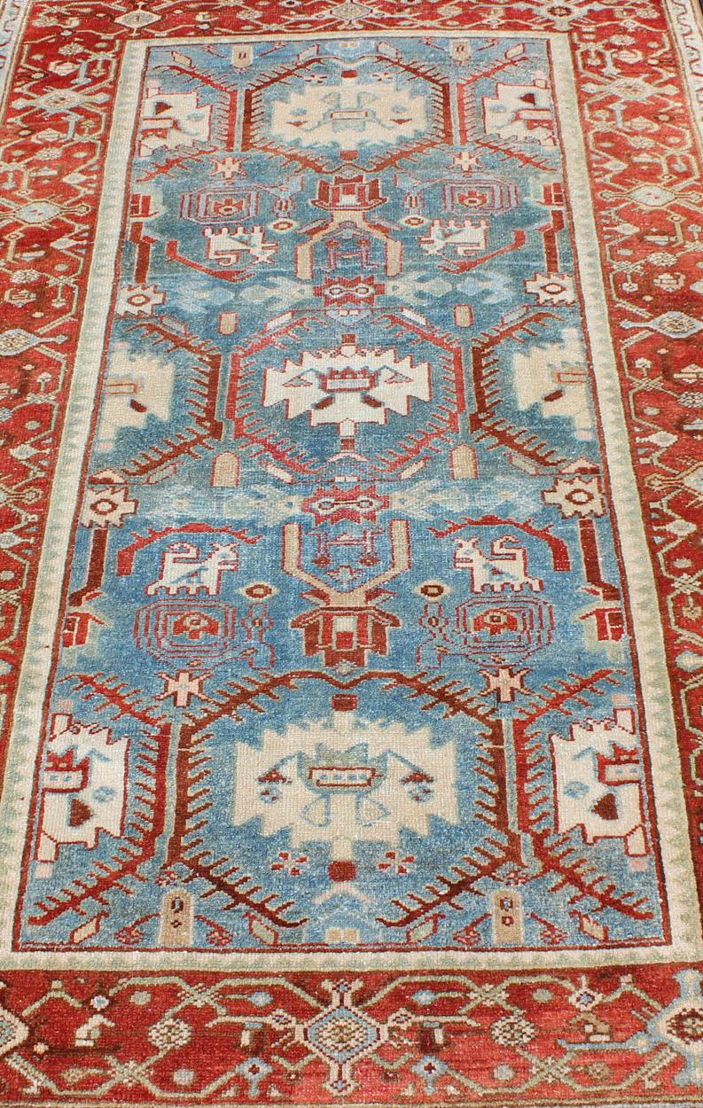 Wool Red, Blue, and Ivory Antique Persian Malayer Rug with Blossom Design For Sale