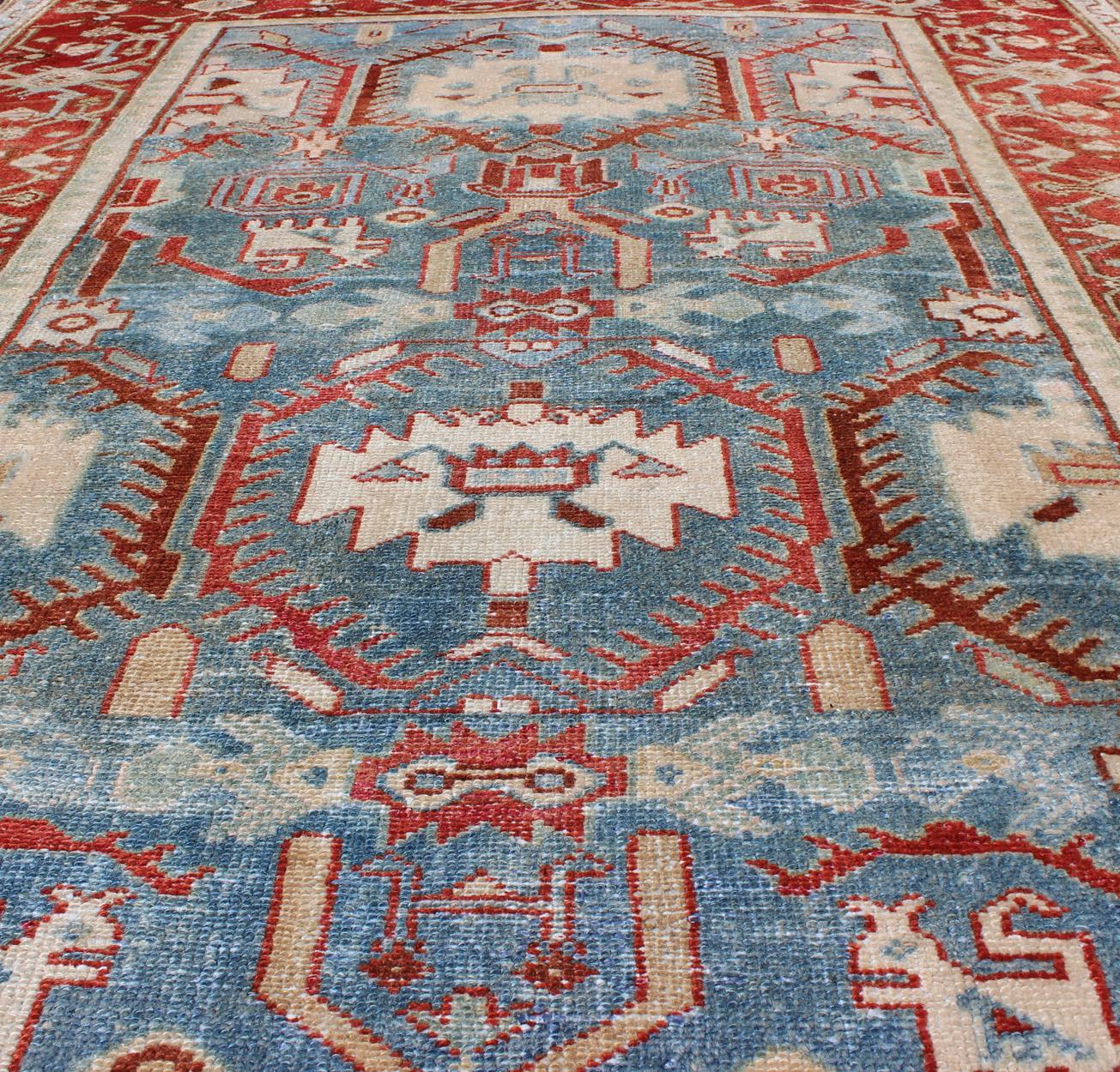 Red, Blue, and Ivory Antique Persian Malayer Rug with Blossom Design For Sale 1