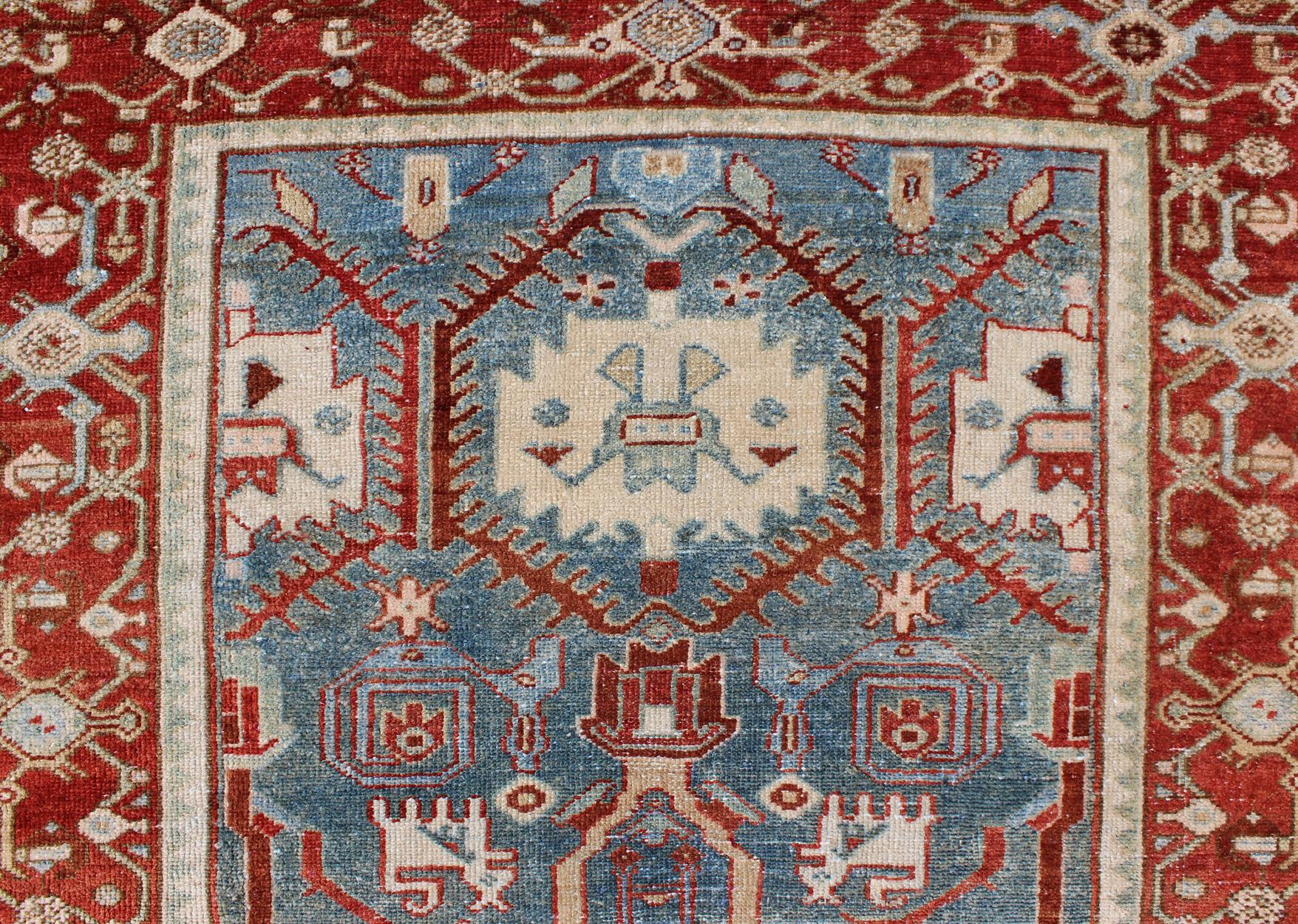 Red, Blue, and Ivory Antique Persian Malayer Rug with Blossom Design For Sale 3