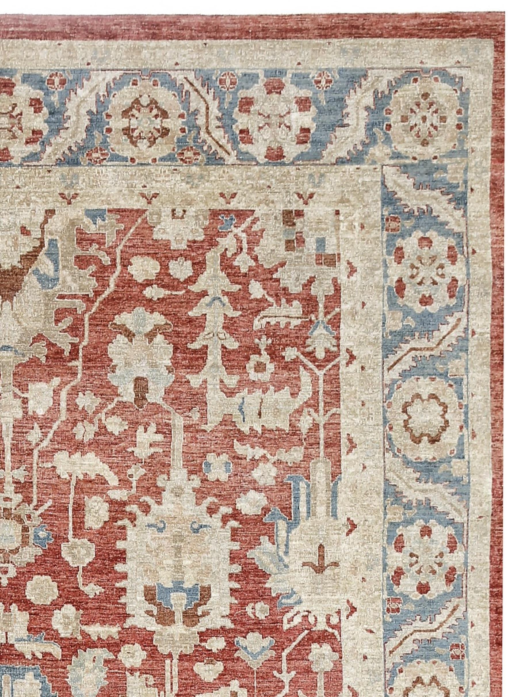 Hand-Knotted Red, Blue and Ivory Contemporary Handmade Wool Turkish Oushak Rug